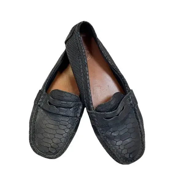 Charleston Shoe Co Tradd Penny Loafers Women's Sz 7 M Black Leather Slip-on Croc - Picture 1 of 12